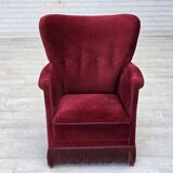 1970s, Danish armchair, cherry-red furniture velour, oak wood legs.