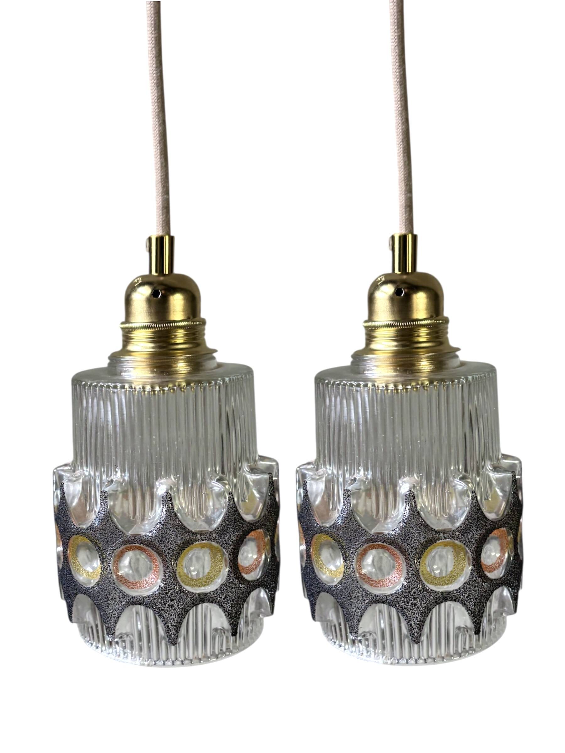 Pair of vintage faceted glass pendant lights