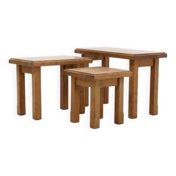 Ensemble de 3 tables gigognes en chêne blond de style brutaliste 1960