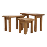 Set of 3 Brutalist Style Blonde Oak Nesting Tables 1960s