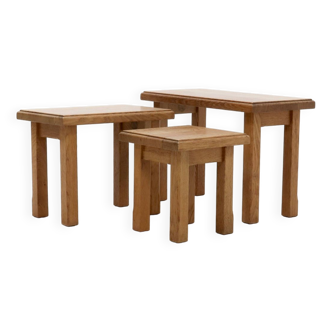 Set of 3 Brutalist Style Blonde Oak Nesting Tables 1960s