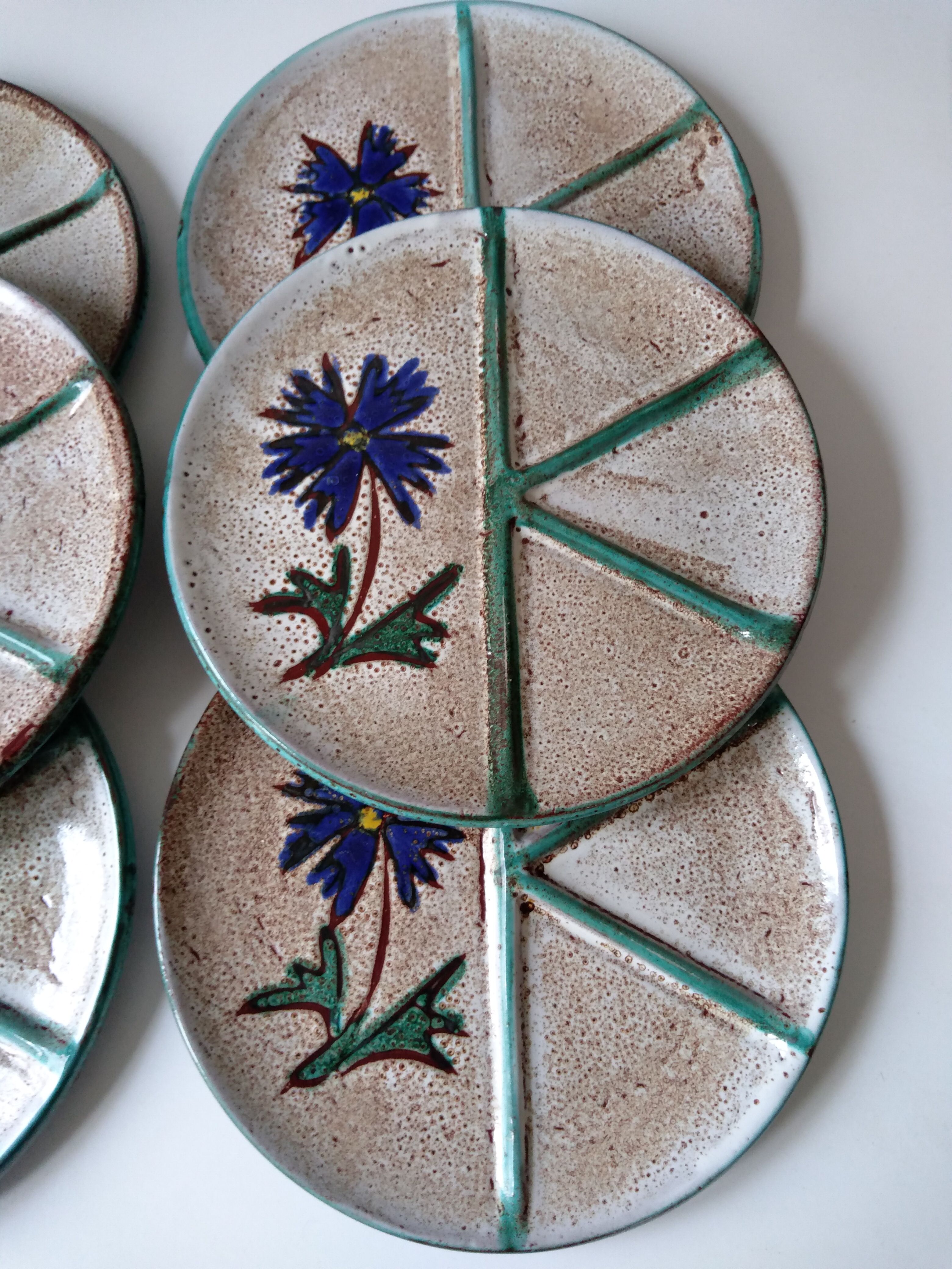 Set of 6 handmade Vallauris ceramic plates beige gray and turquoise blue with flower decoration