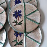 Set of 6 handmade Vallauris ceramic plates beige gray and turquoise blue with flower decoration