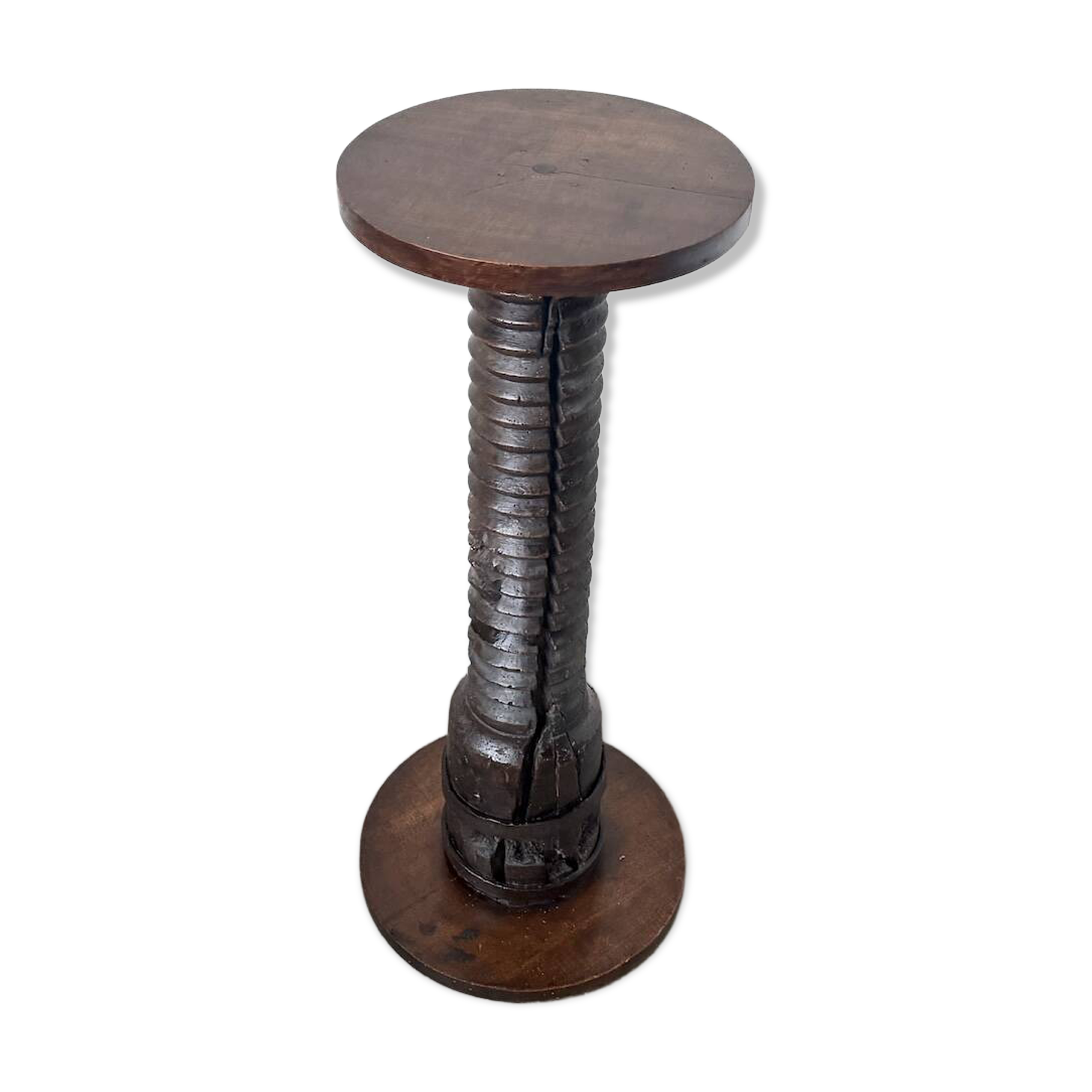 Solid oak press stool, metal base, 19th century.