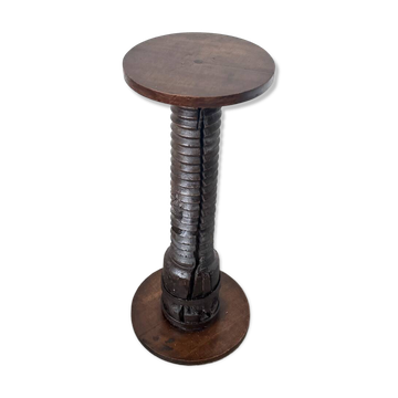 Solid oak press stool, metal base, 19th century.