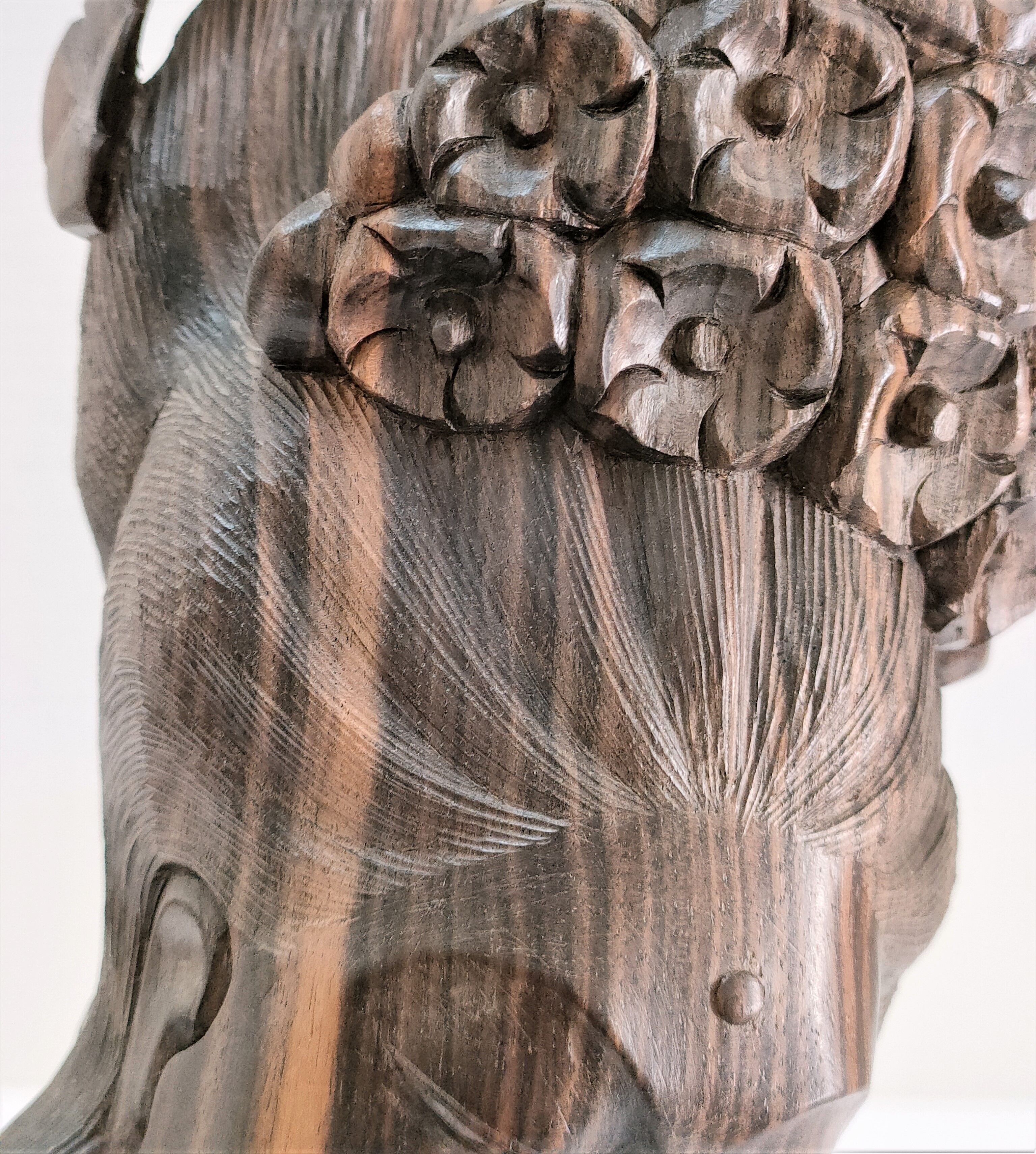 Wooden bust of woman with floral headdress sculptural work of the 60s-70s