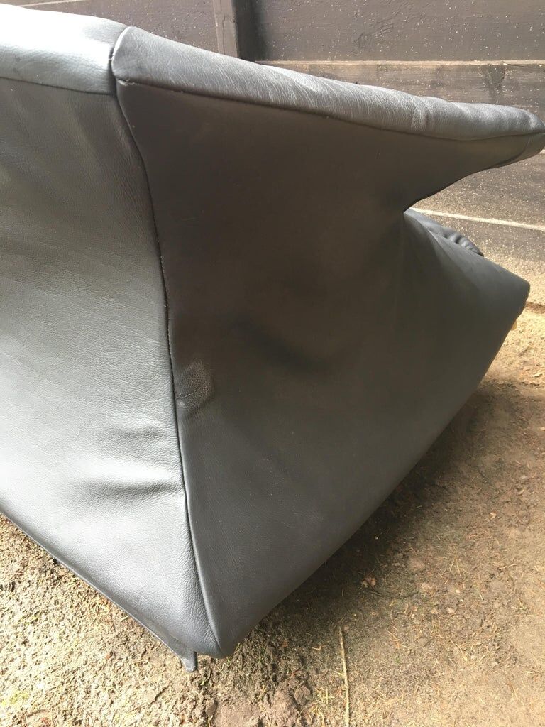 Blue-Grey Leather Sofa by Saporiti, 1980s