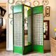 3-leaf screen in green wood, ecru paper and mirror