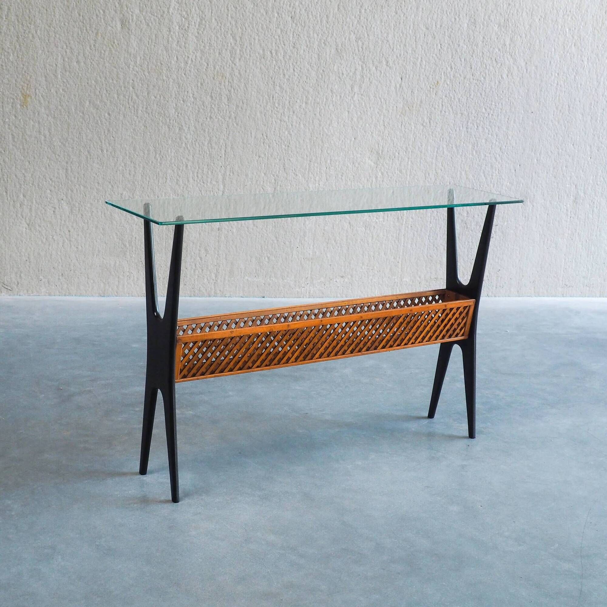 1950s Italian ebonized console table with glass top & lattice basket