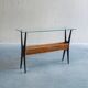 1950s Italian ebonized console table with glass top & lattice basket