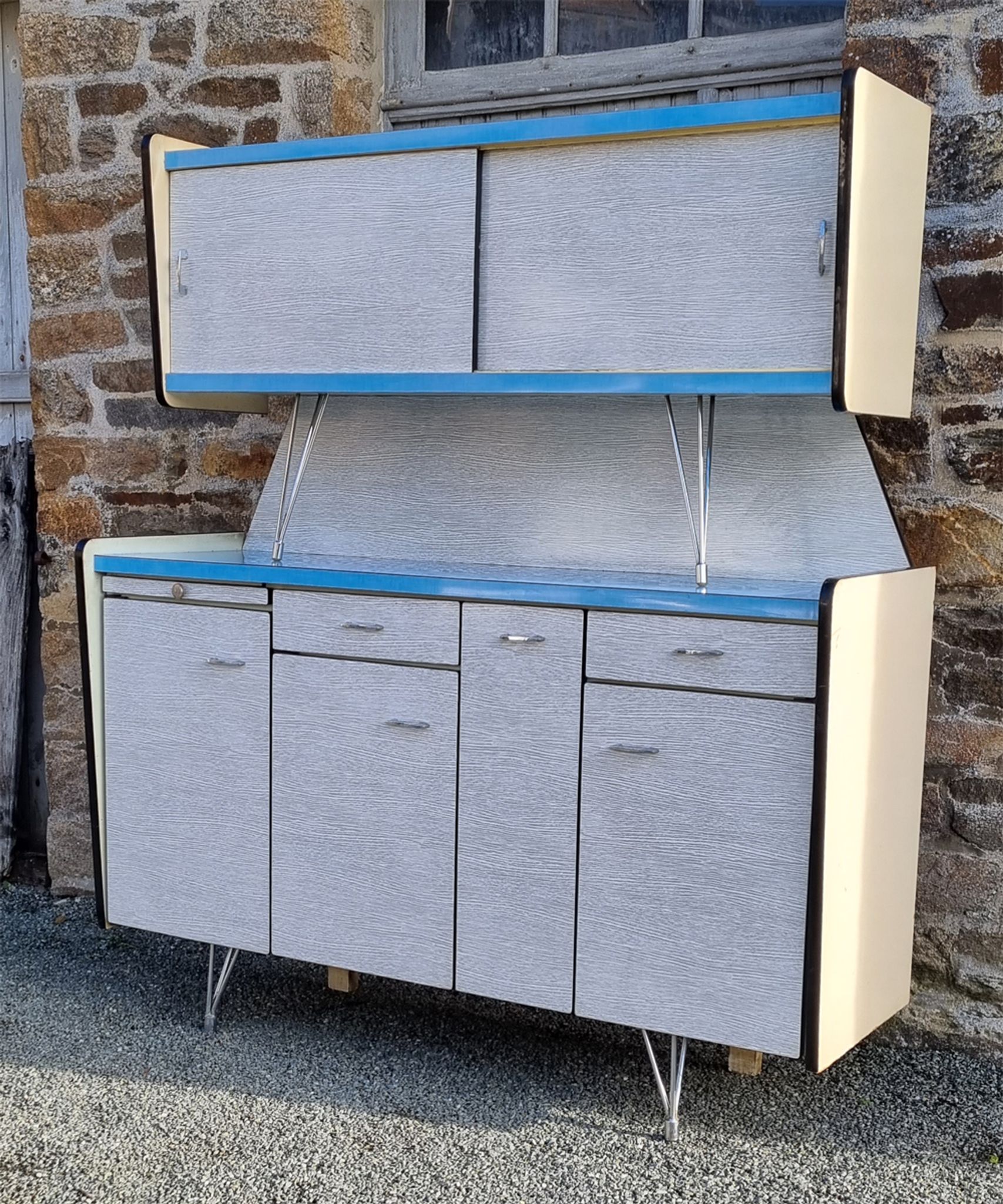 Buffet formica SIF, 3 doors, gray and blue, vintage, 50s