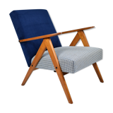 Vintage original 60s armchair, refubrished, blue velvet, poule fabric