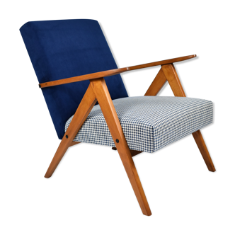Vintage original 60s armchair, refubrished, blue velvet, poule fabric