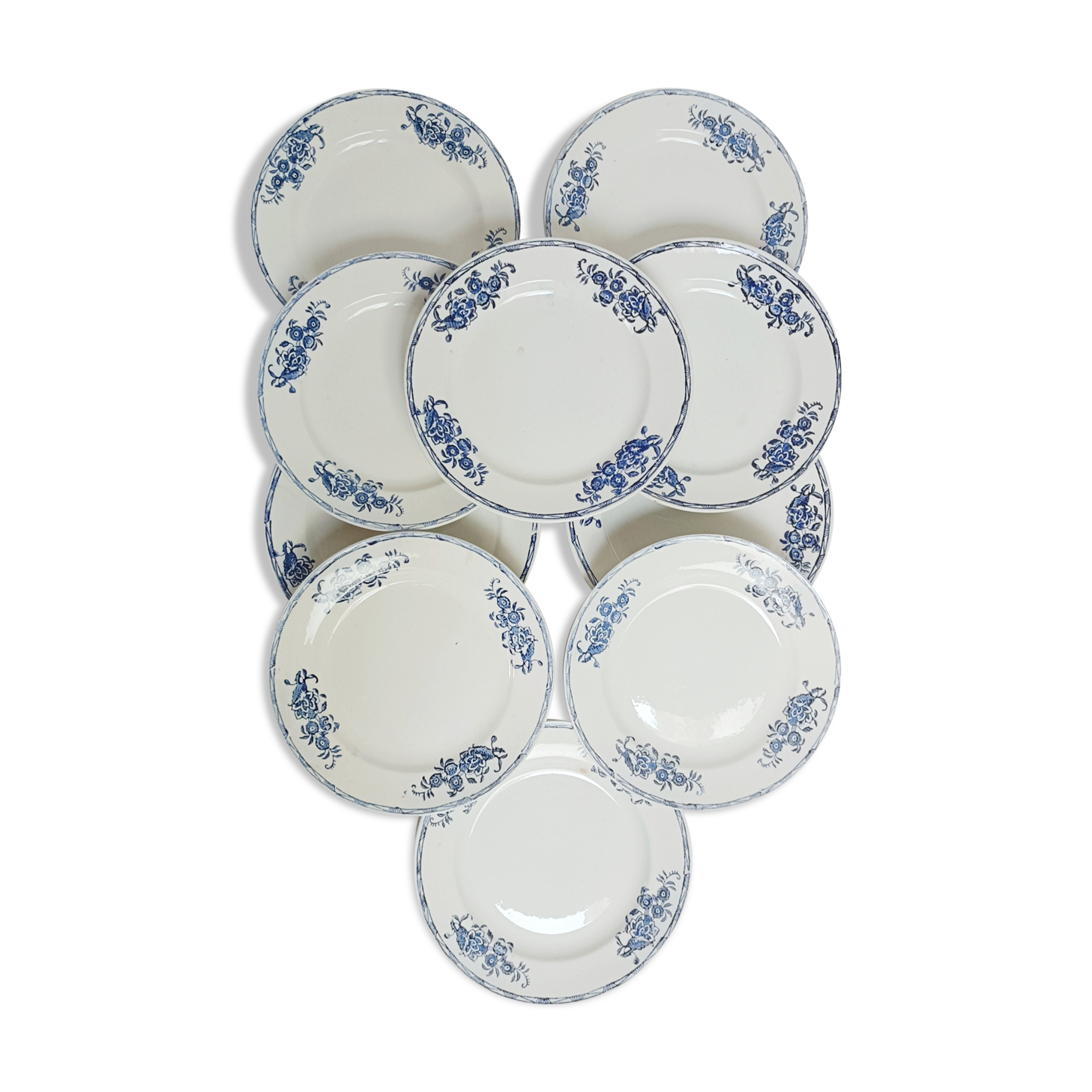 Set of 10 dessert plates, Saint-Amand, iron land, blue flowers