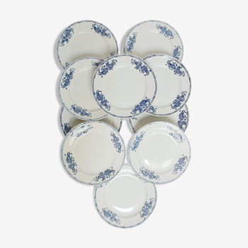Set of 10 dessert plates, Saint-Amand, iron land, blue flowers