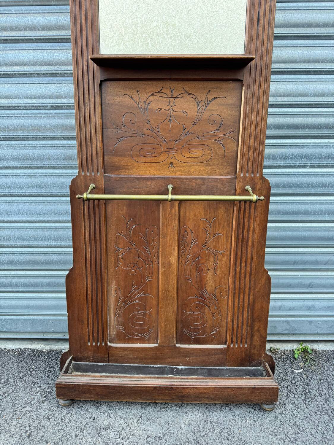 Antique hall coat rack – mirror, hooks & umbrella stand