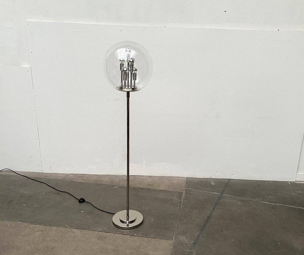 Spherical chrome and glass planetary floor lamp from the mid-century German space age by Doria Leuchten, 1960s.