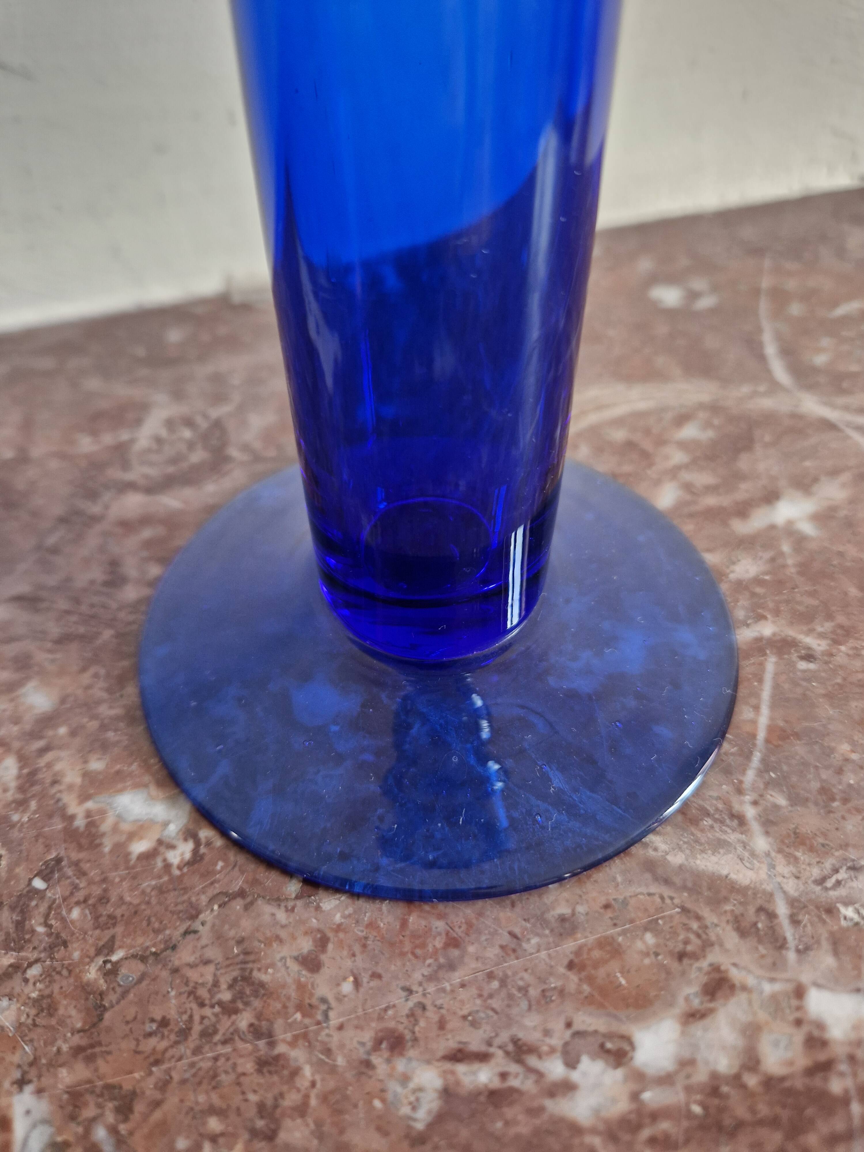 Vintage blue glass footed bowl vase from the 1970s.