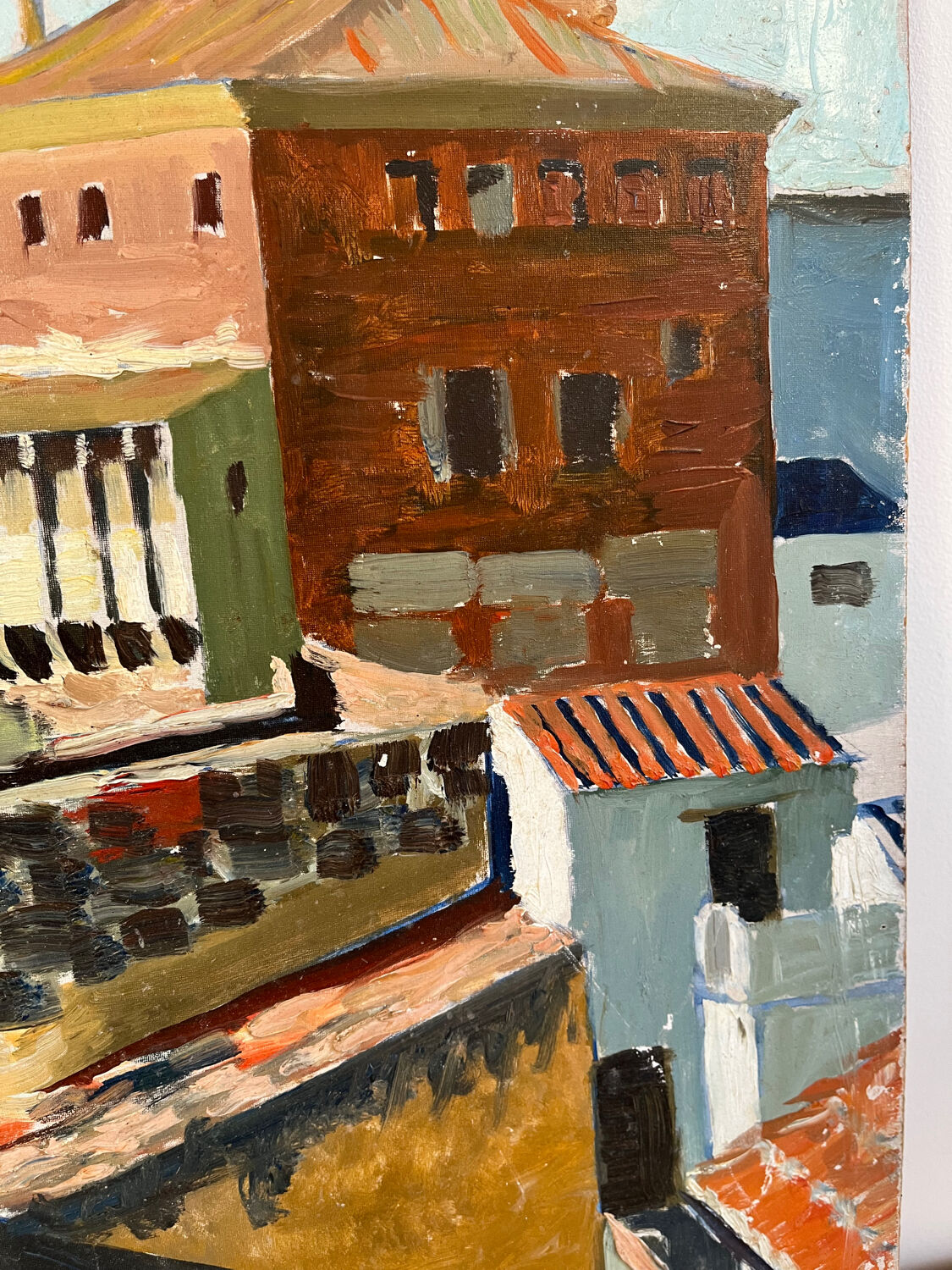 Castle in the rooftops, oil on wood panel, signed JA Dompierre.
