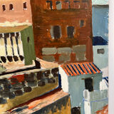 Castle in the rooftops, oil on wood panel, signed JA Dompierre.