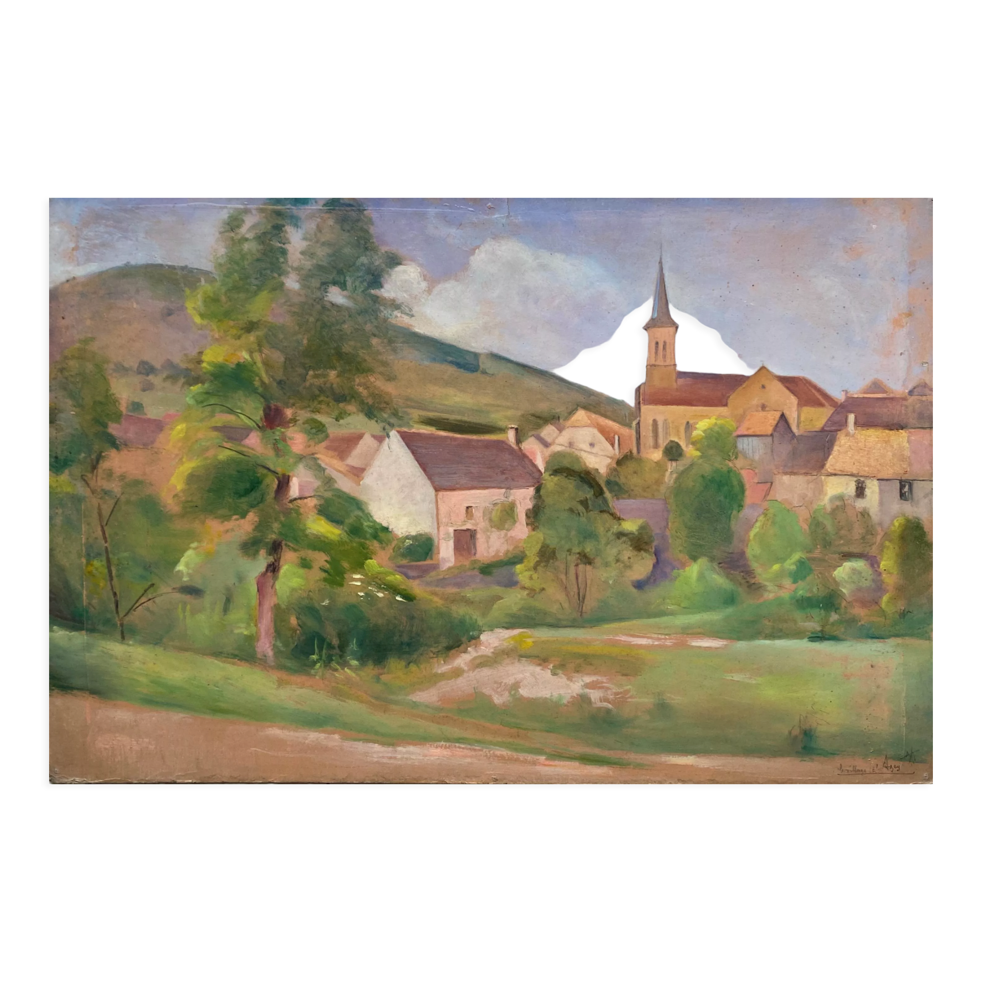 HSP painting "The village of Agey" (Côte d'Or) by Auguste Mallard (1895-1965)