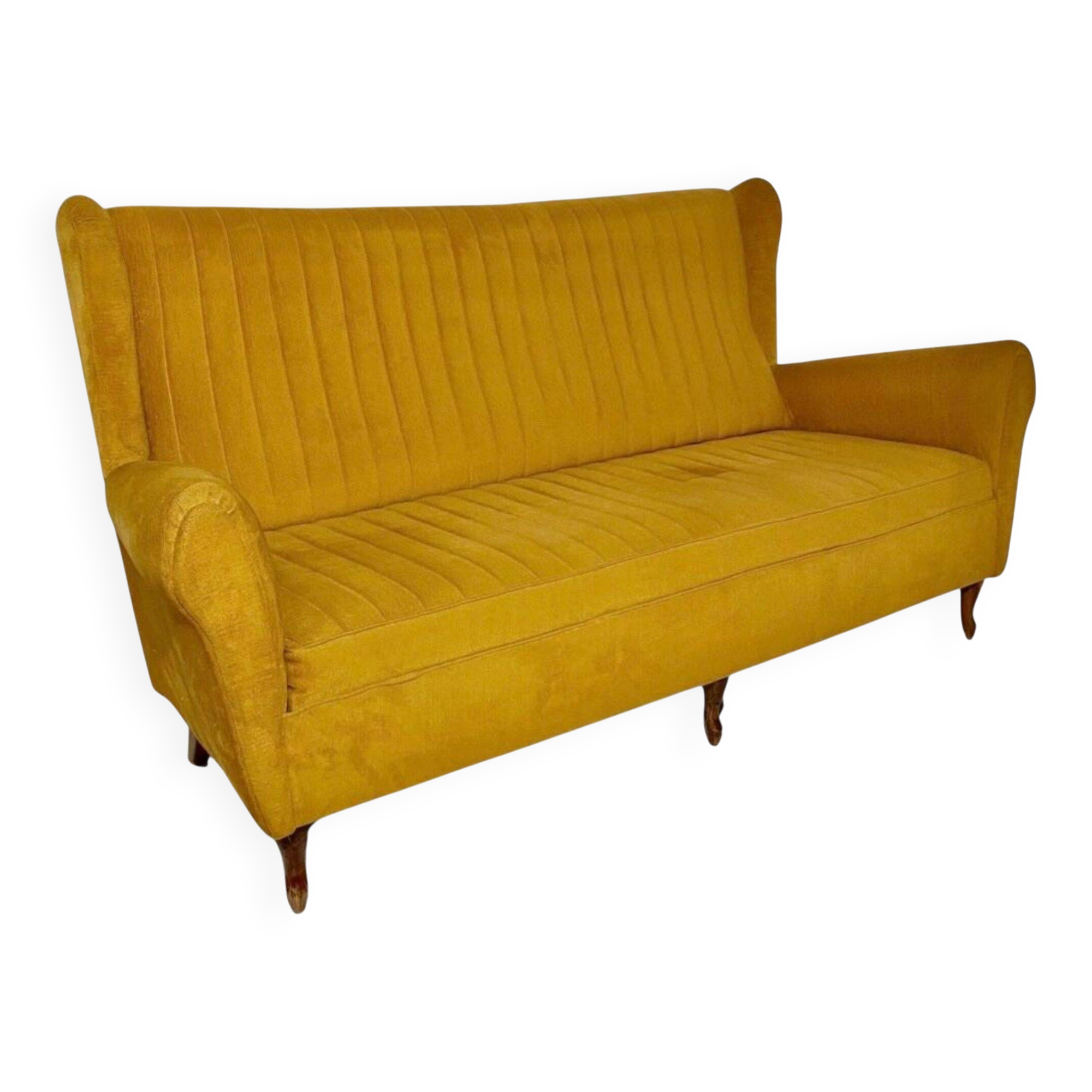 Mid-Century Three Seats Velvet Yellow Sofa, in the style of Gio Ponti