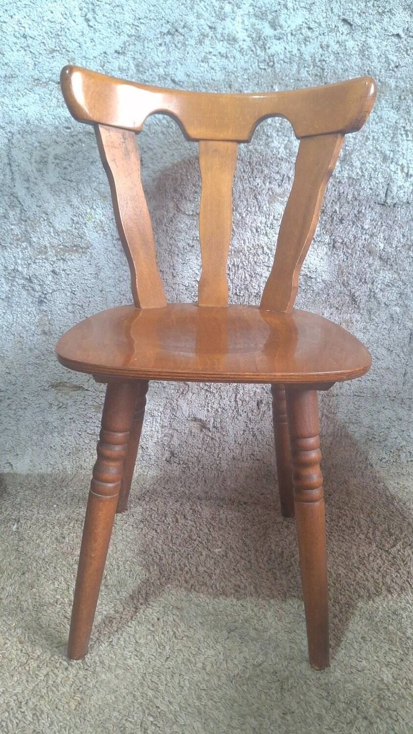 Set of 8 rustic bistro chairs in beech wood with honey patina, 1950s.