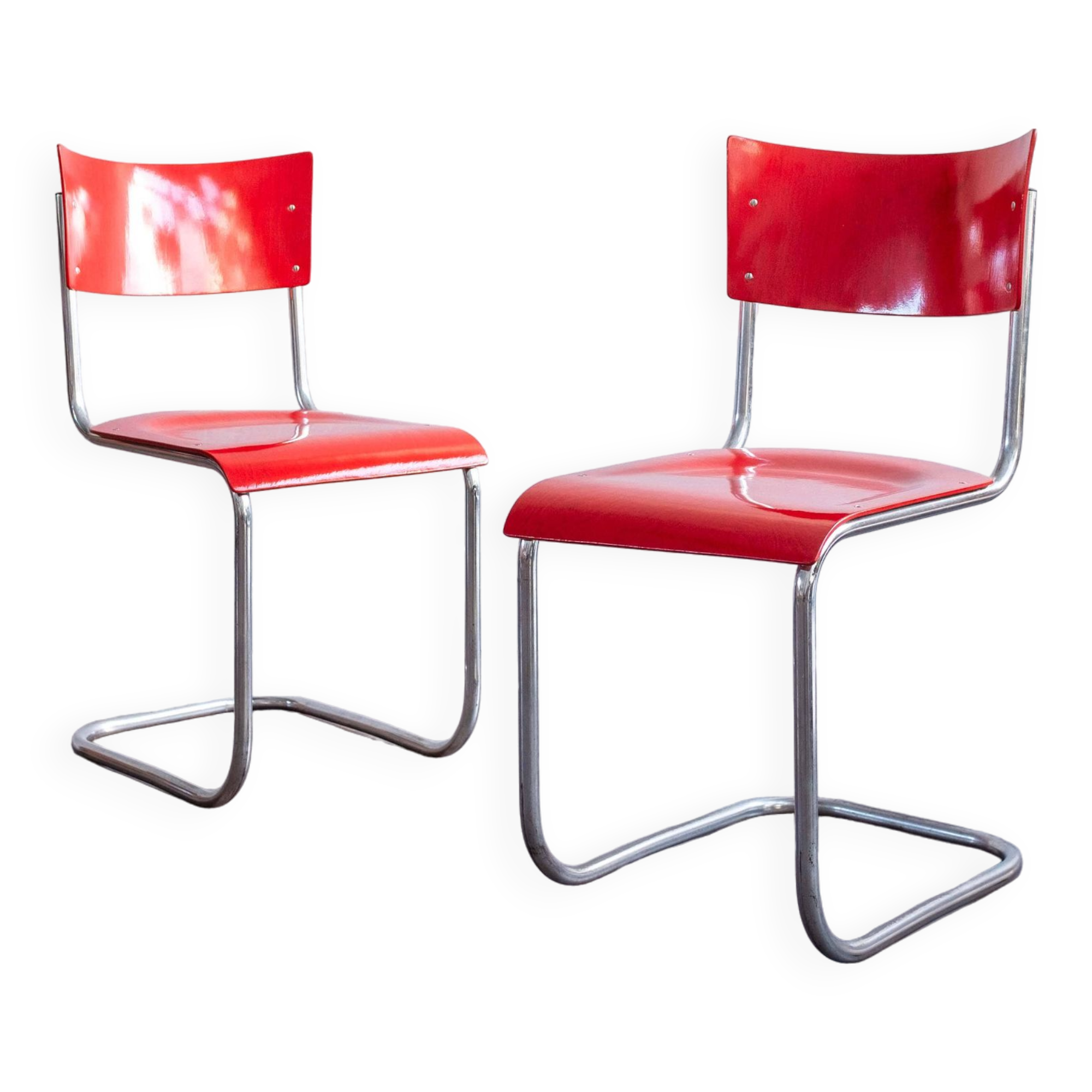Functionalist Bauhaus Style Red Dining Chairs By Kovona, 1940s