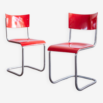 Chaises de salle à manger rouges fonctionnalistes de style Bauhaus par Kovona, années 1940