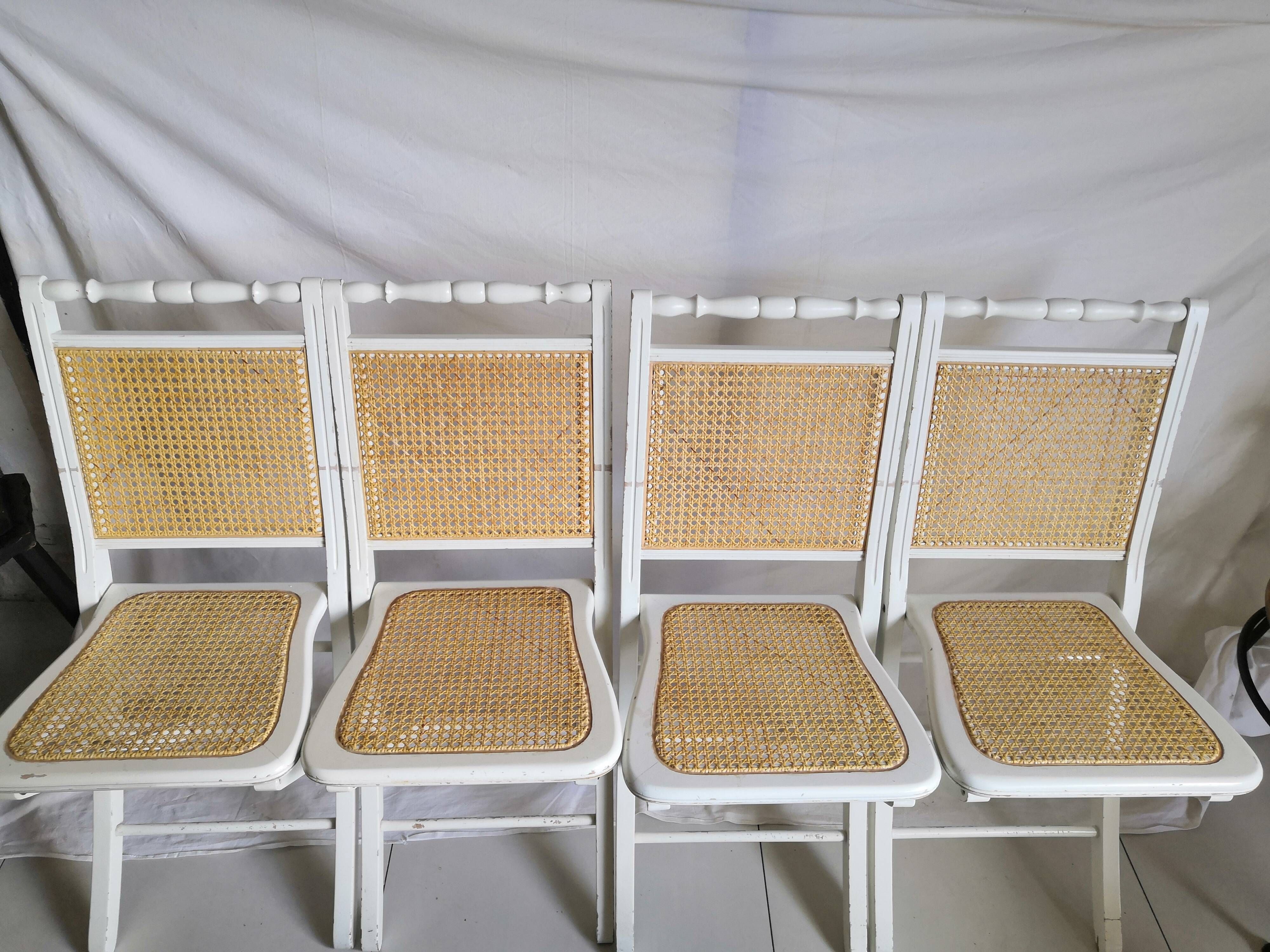 Suite of 4 folding chairs vintage wood and cannage 60s/70s