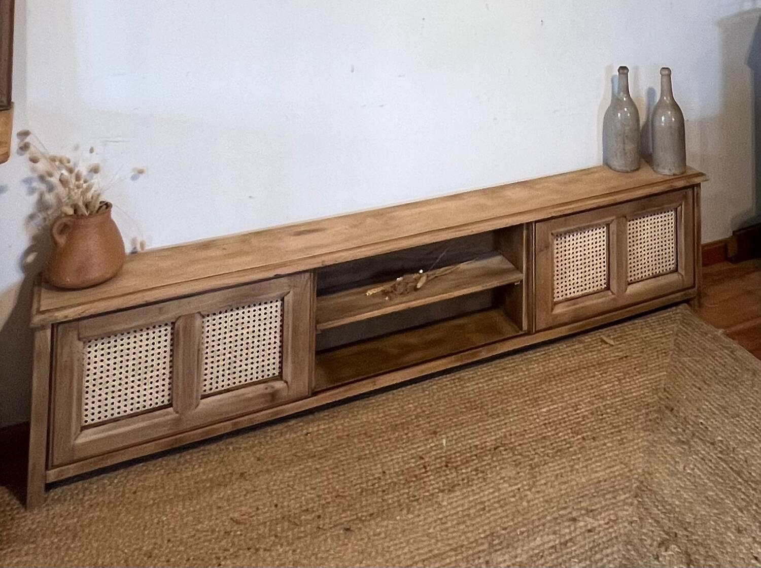 TV cabinet in raw oak and cane - sliding doors