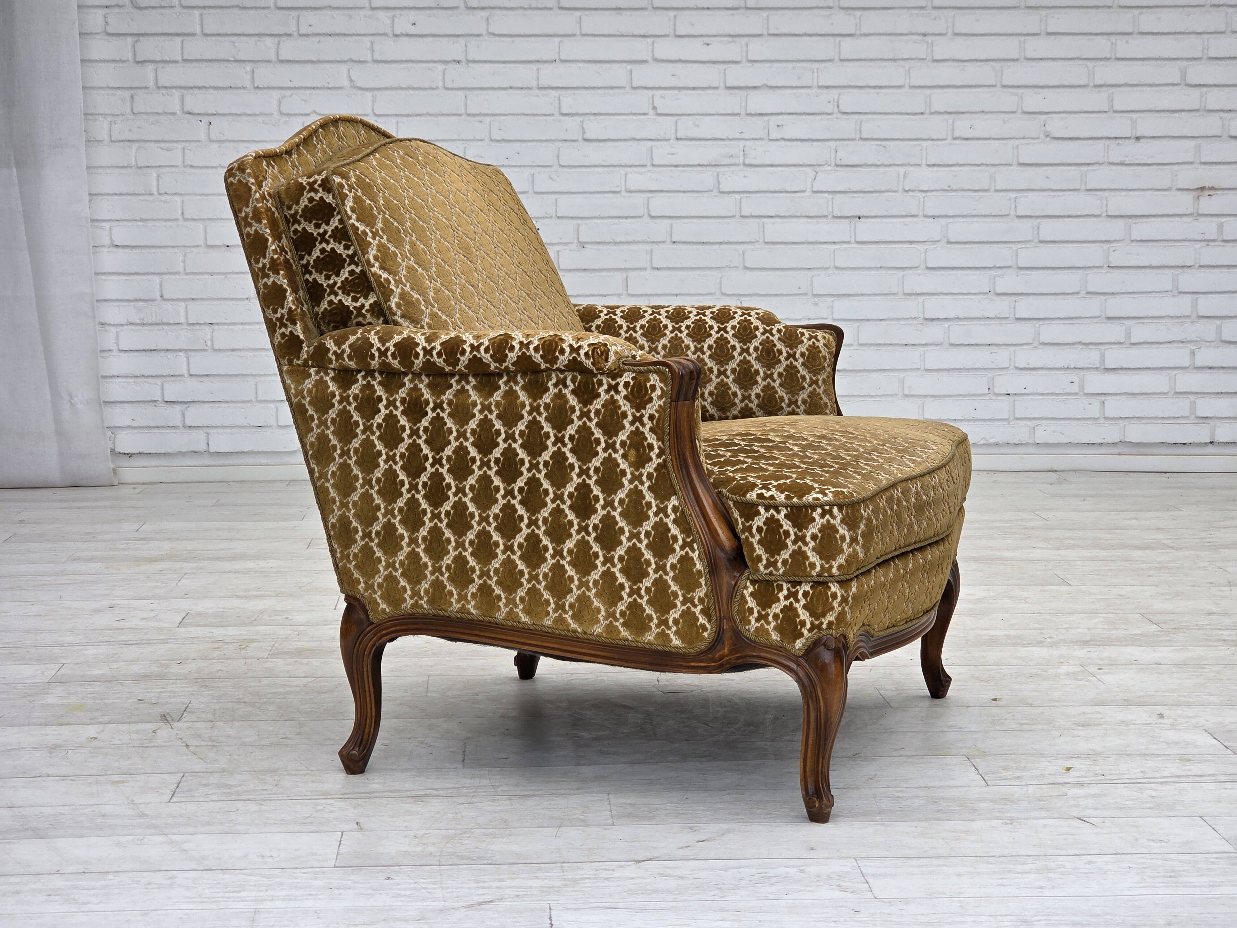 1950s, Danish relax chair, furniture velour, carved ash wood.
