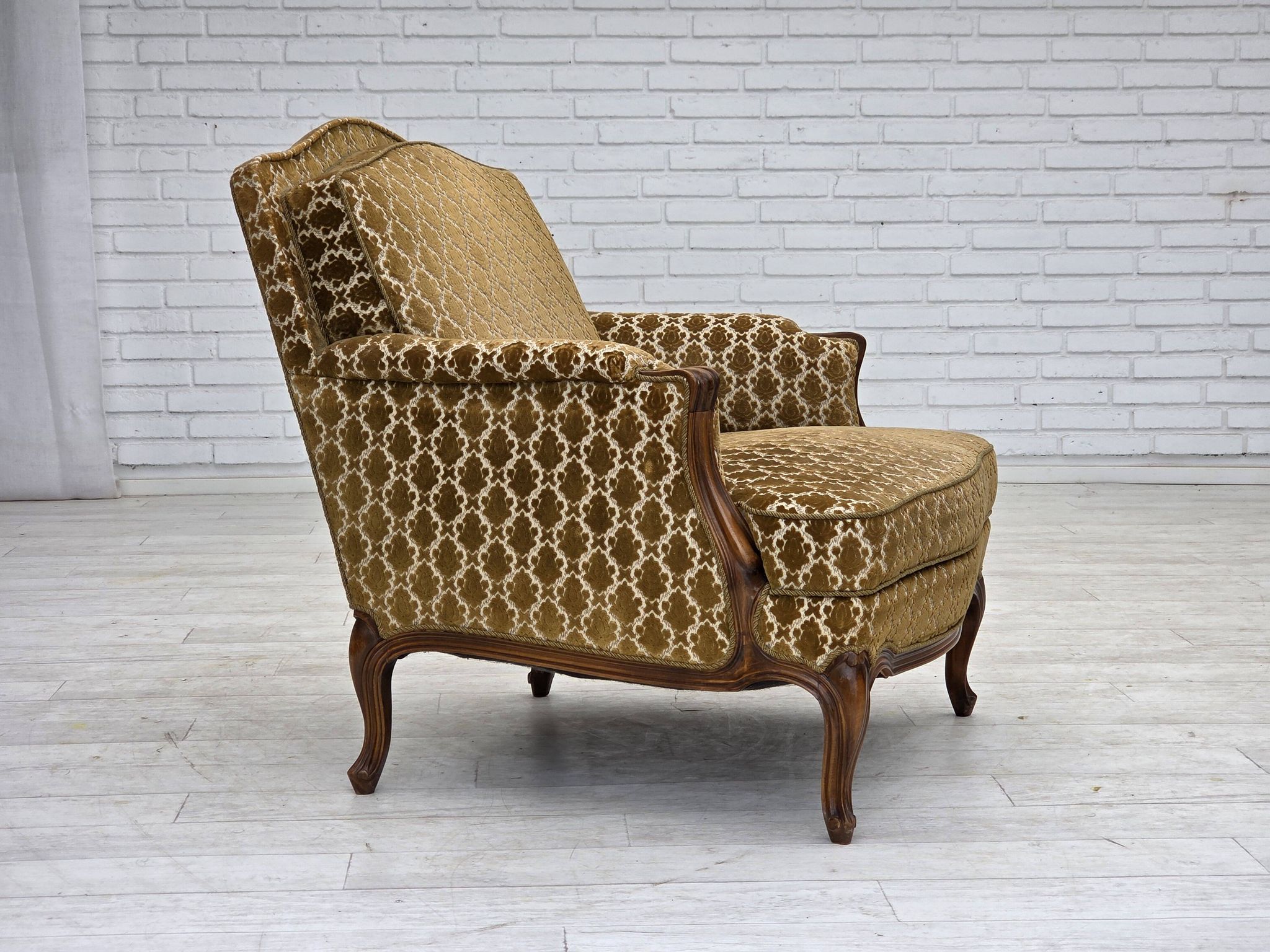 1950s, Danish relax chair, furniture velour, carved ash wood.