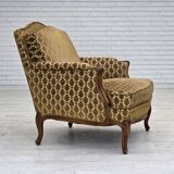 1950s, Danish relax chair, furniture velour, carved ash wood.