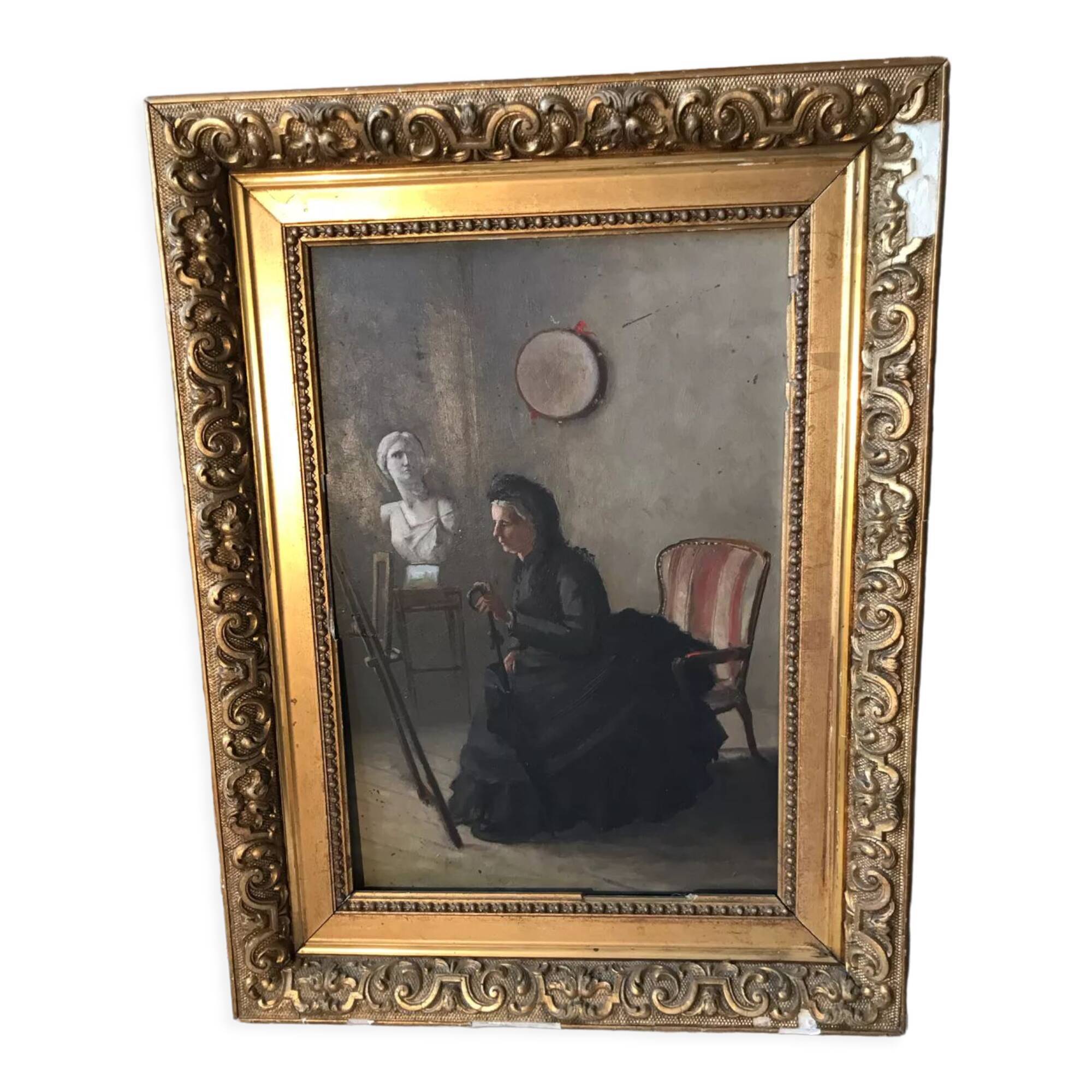Oil on wood interior scene