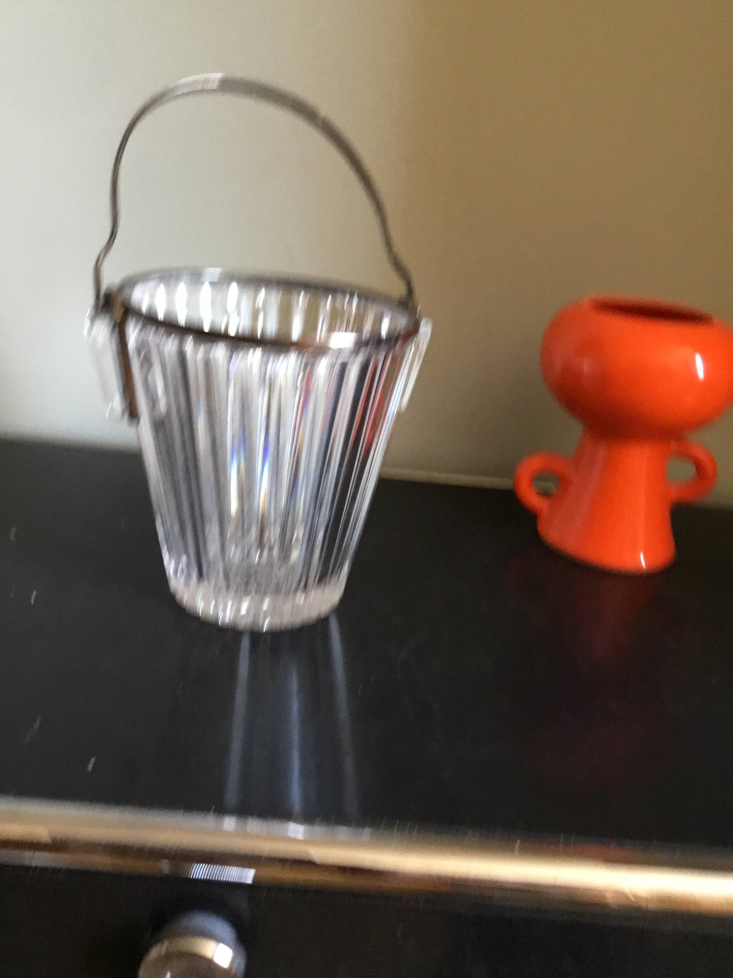 Crystal ice bucket with silver-plated handle