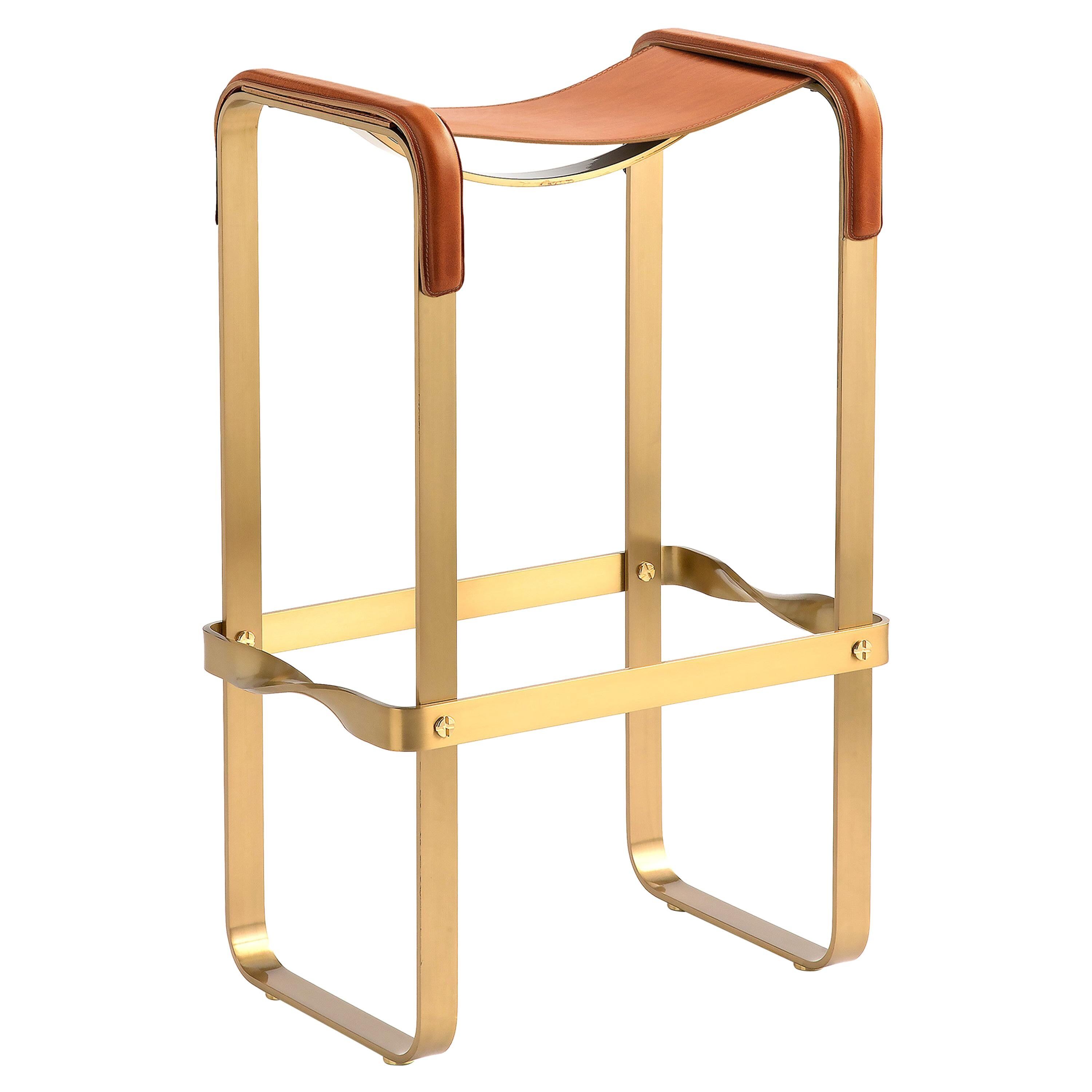 Contemporary Bar Stool Metal Aged Brass Natural Tobacco Leather