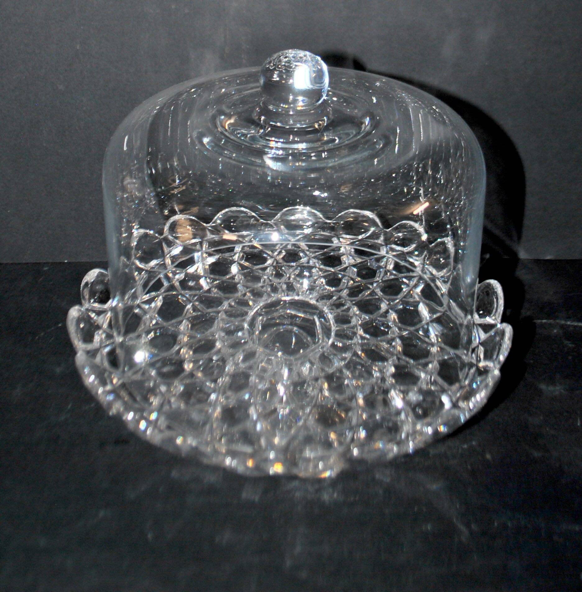Antique cheese dome on a diamond moulded crystal stand, 1920, marked registered.