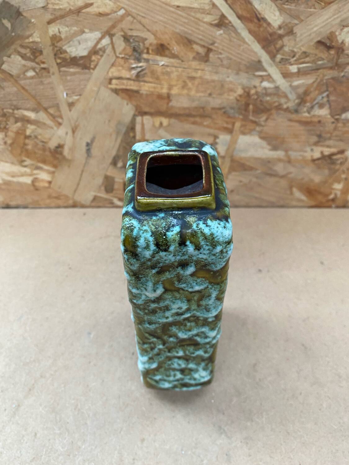 Ancien vase marei forme rectangle fat lava vert & blanc vintage