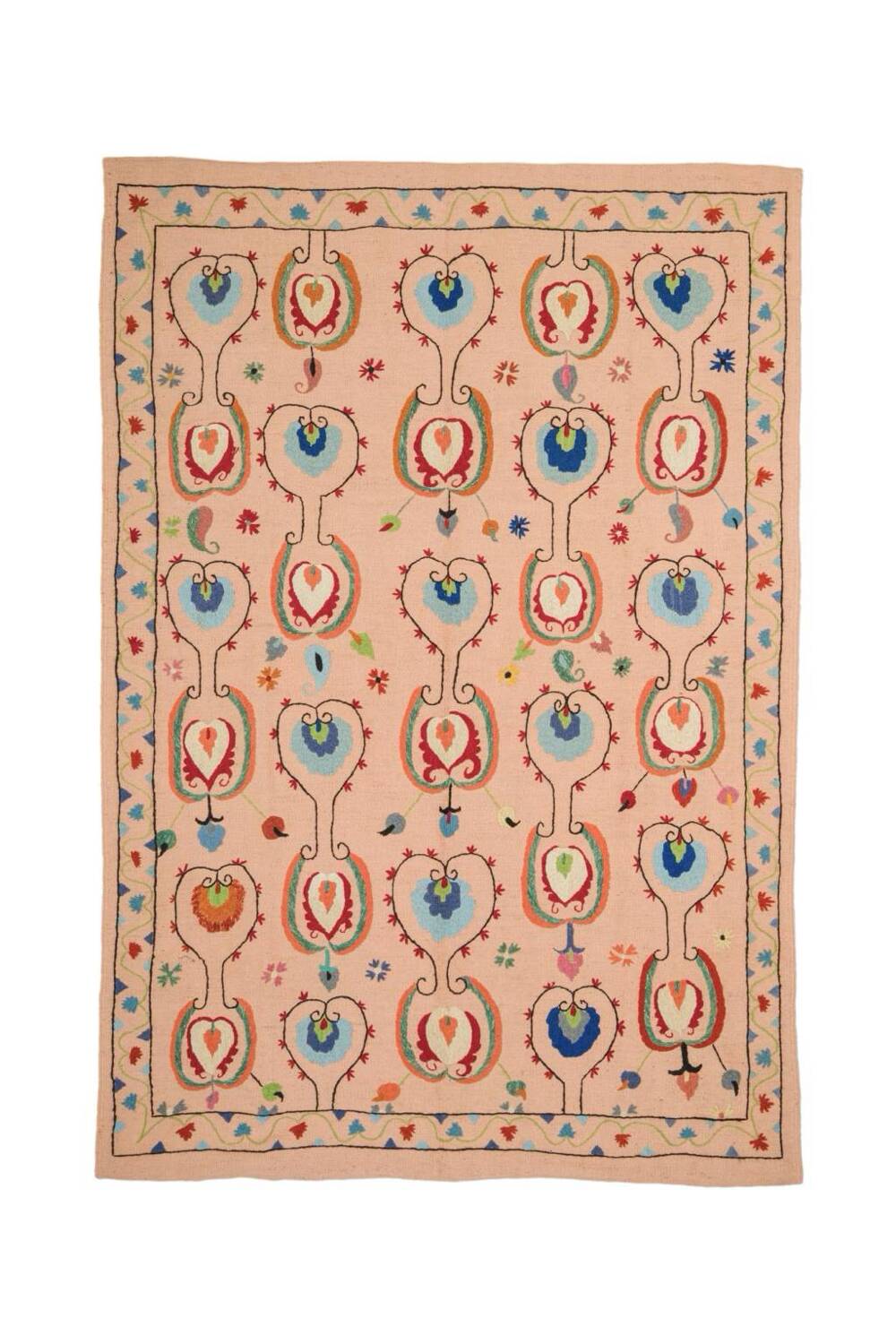 Salmon pink suzani kilim rug with embroidered patterns