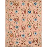 Salmon pink suzani kilim rug with embroidered patterns