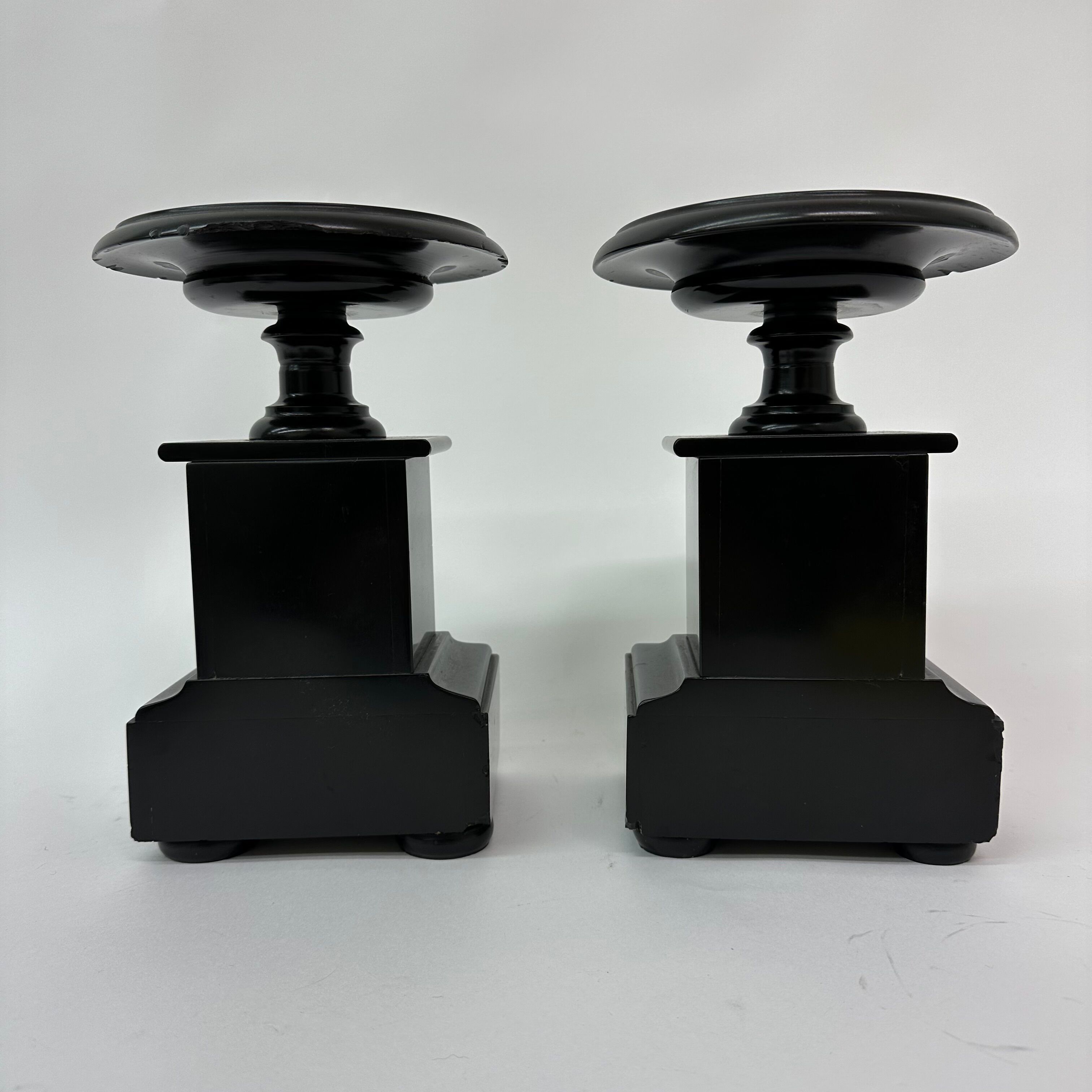Set of 2 antique black marble candle stands, 1930's Art deco