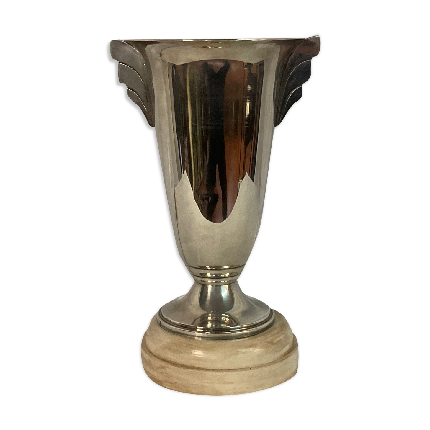 Art Deco, silver metal lamp wood base around 1930