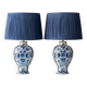 Pair of Royal Delft blue and white ceramic table lamps, 1905, with new pleated silk shades.