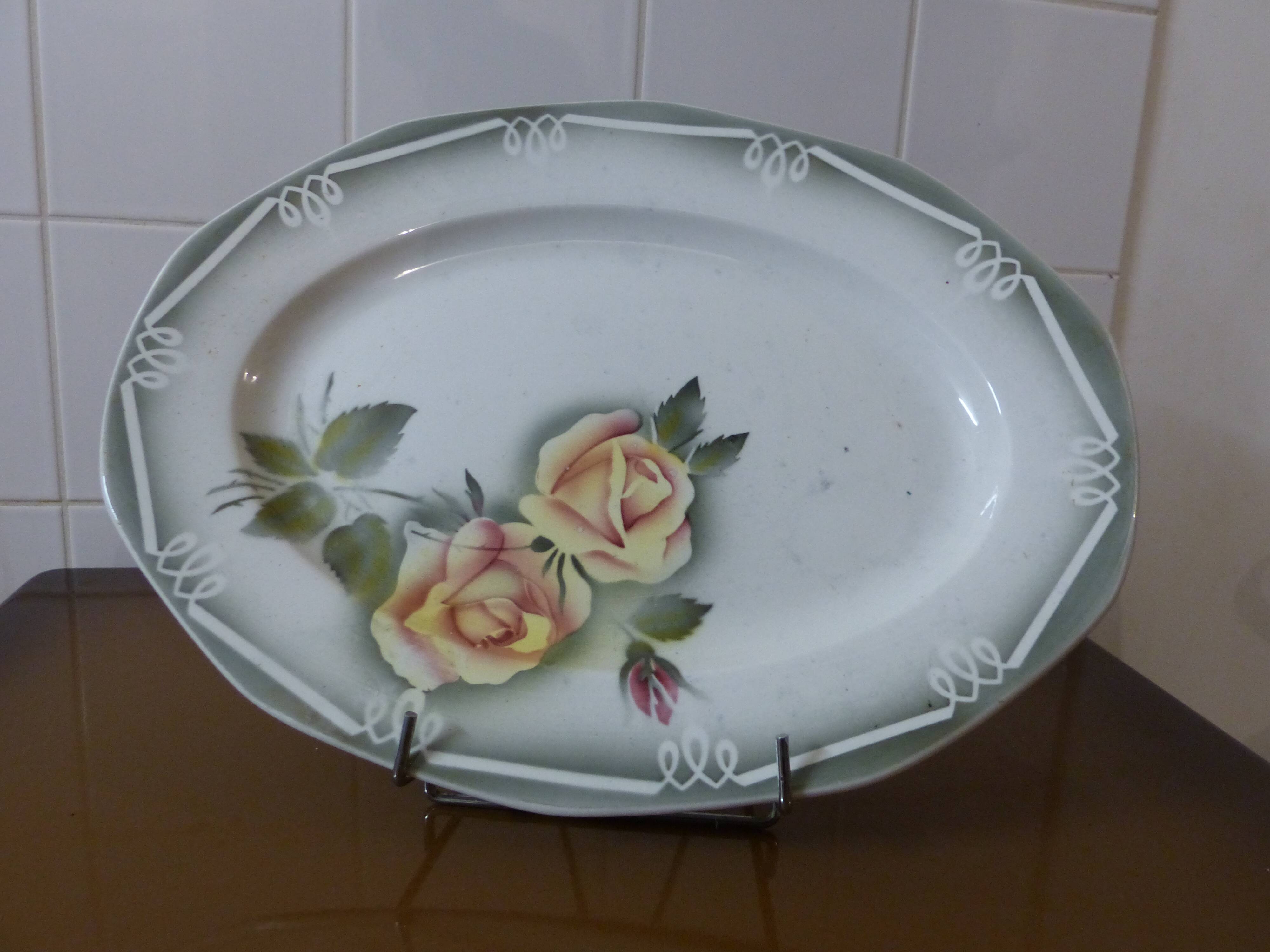 Old faience dish, digoin, sarreguemines, rose decoration.