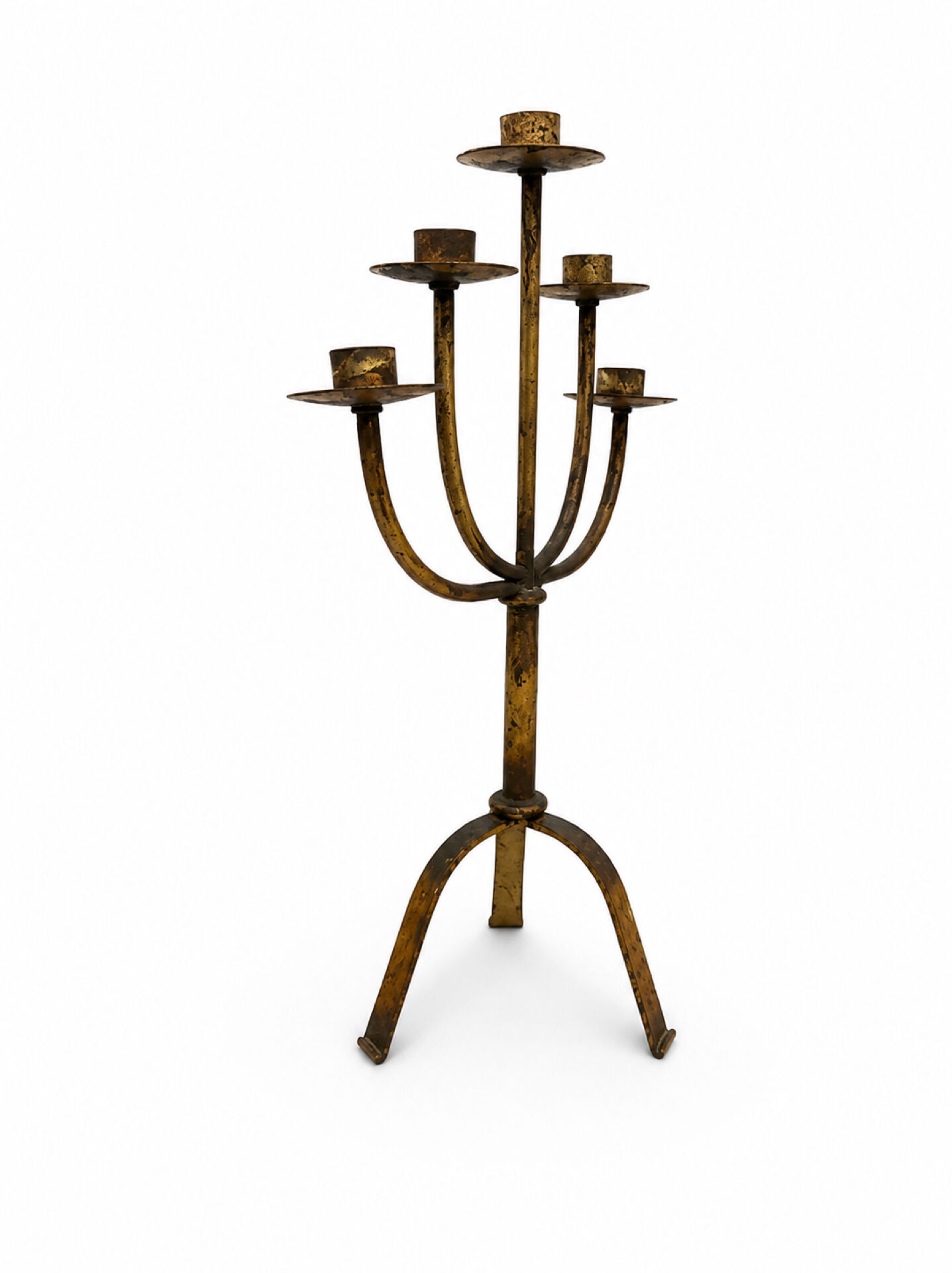 Large Mid-Century Brutalist 5-Arm Gilt Iron Candelabra 55cm