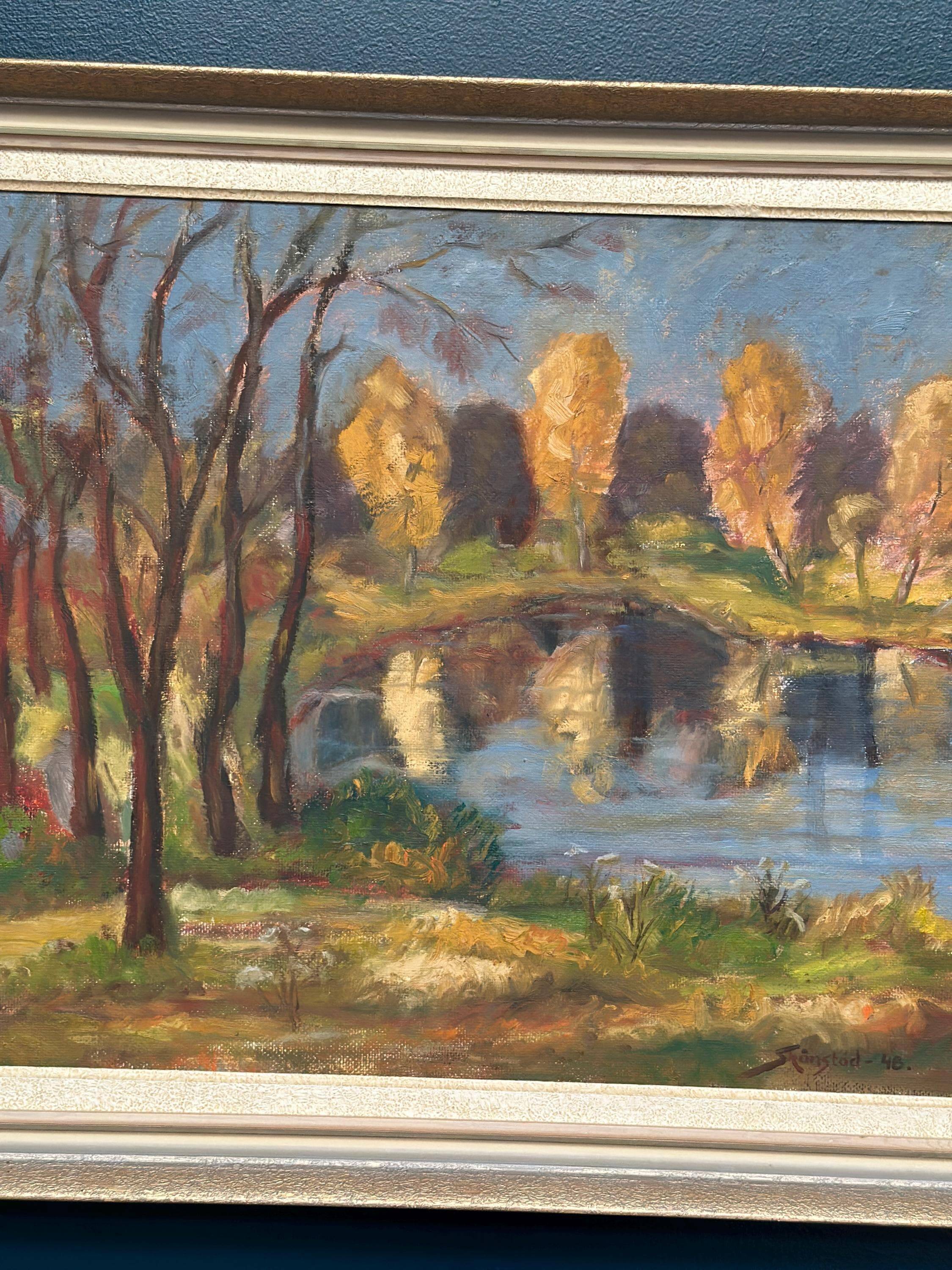 Original Swedish Oil on Panel – “Autumn Landscape” by Skänstod – Dated 1948