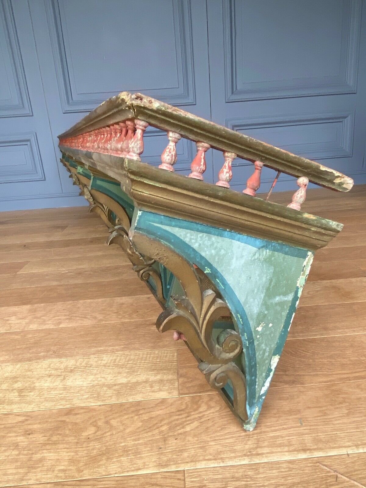 Italian floor patina green 1900 wood turns polychromy