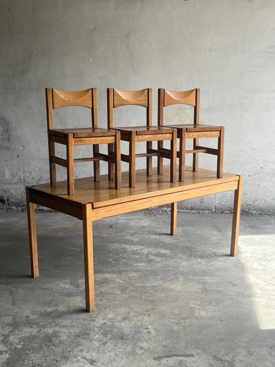 Set of 6 vintage pine dining chairs by Ilmari Tapiovaara — honey-brown solid wood, 1960s