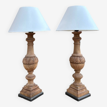 Pair of wooden base lamps